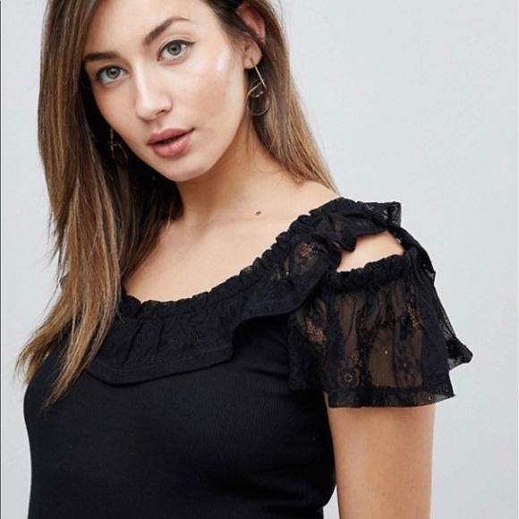ASOS Black Ribbed Lace Off Shoulder Top - Picture 2 of 2